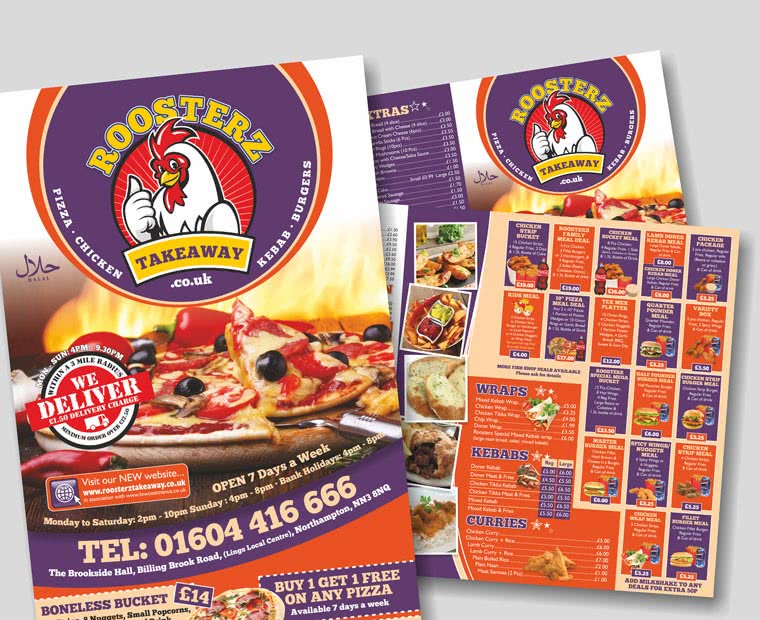 Burgers,Pizza & Kebab Takeaway - A4 Menu Printing Landscape Short Fold from Low Cost Menus.